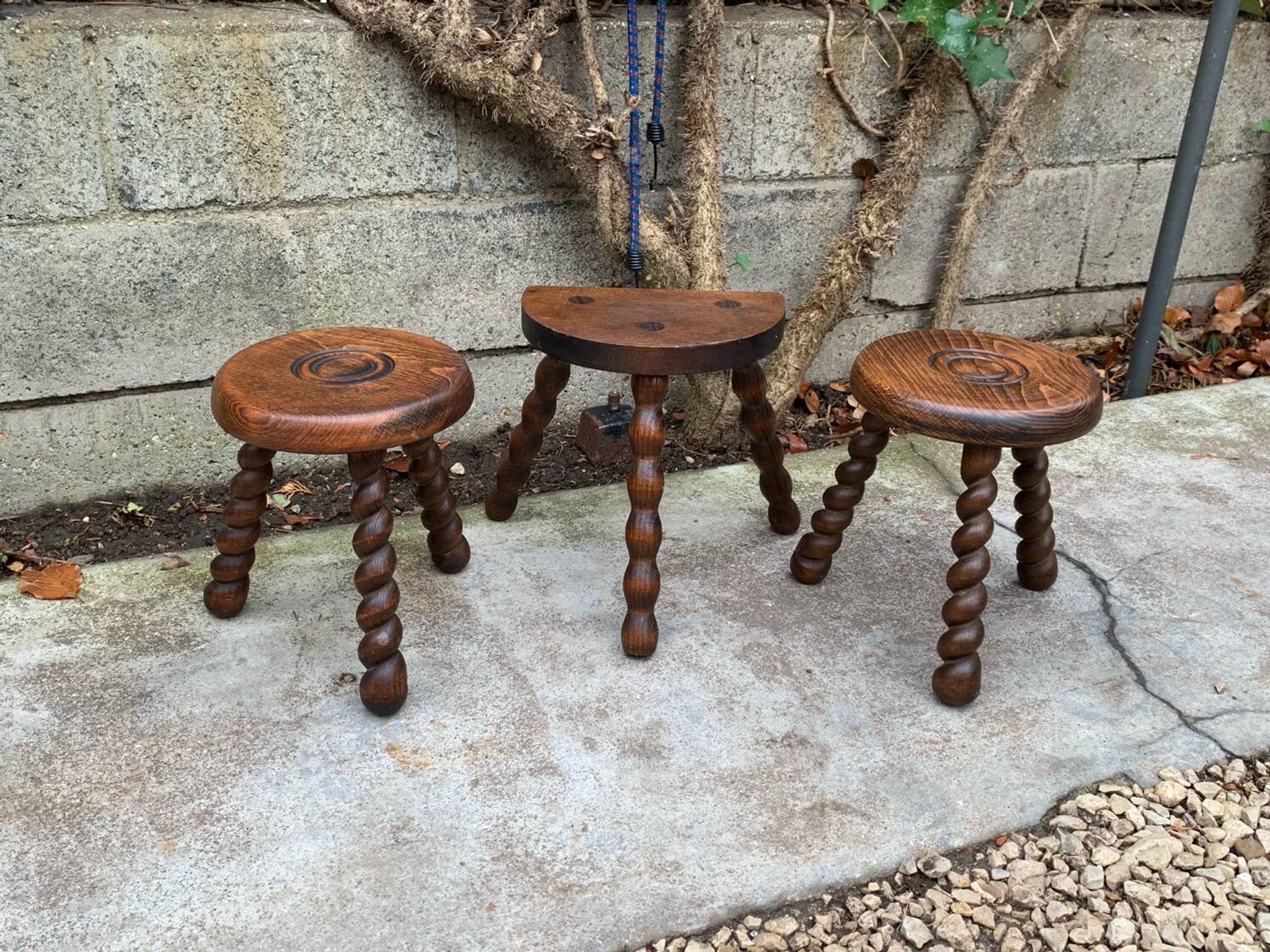 3 vintage turned wood stools