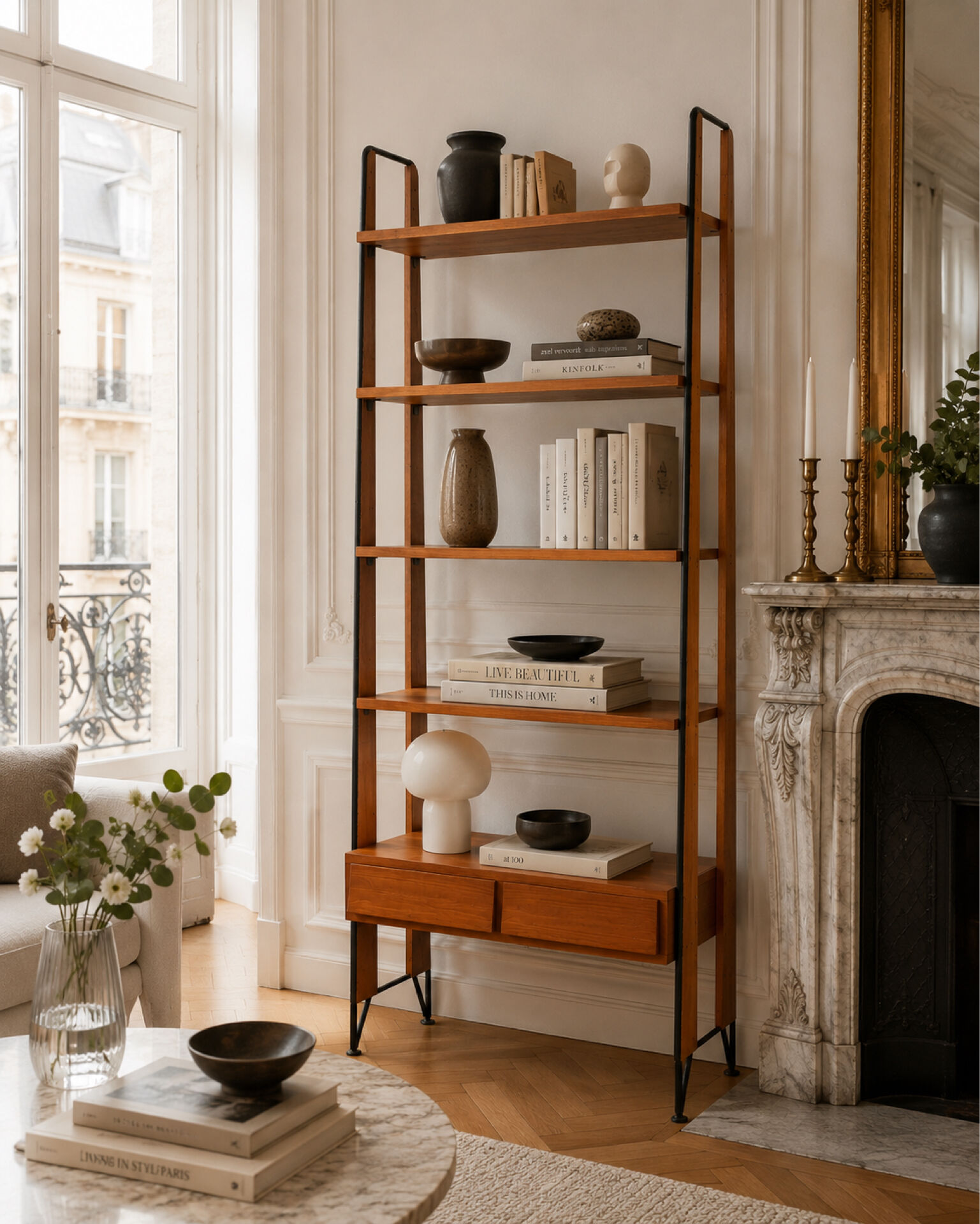 Vintage Scandinavian bookshelf in teak and black metal – Design