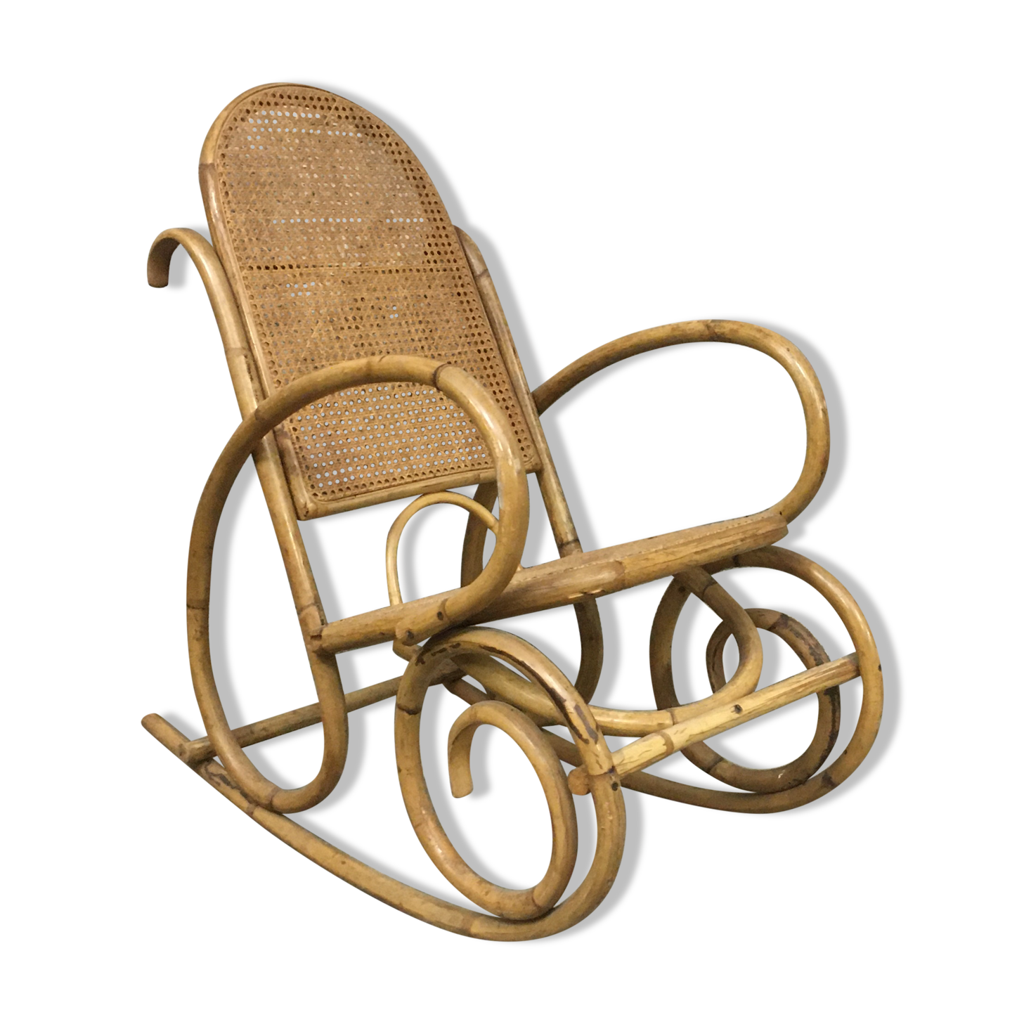 Rocking-chair in bamboo rattan and vintage wicker 1950