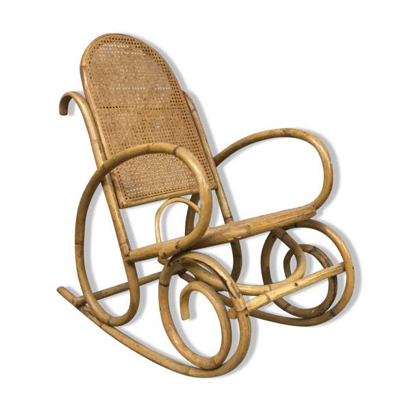 Rocking chair en rotin bambou et osier vintage 1950