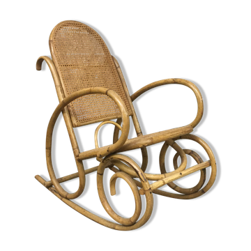Rocking chair en rotin bambou et osier vintage 1950