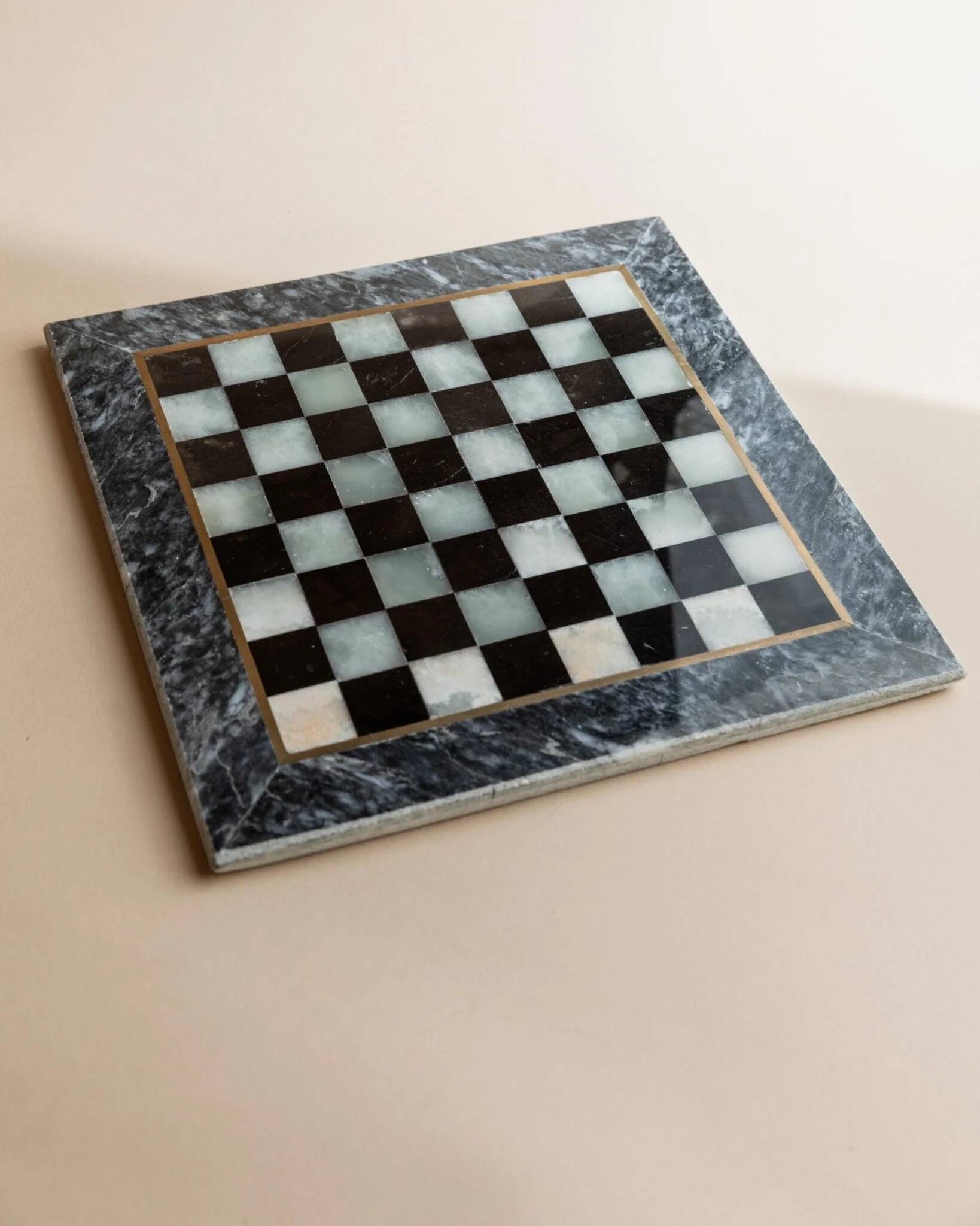 Vintage Marble Chess Set in Black and Cream Stone with Hand-Carved Pieces, Italian 1960s