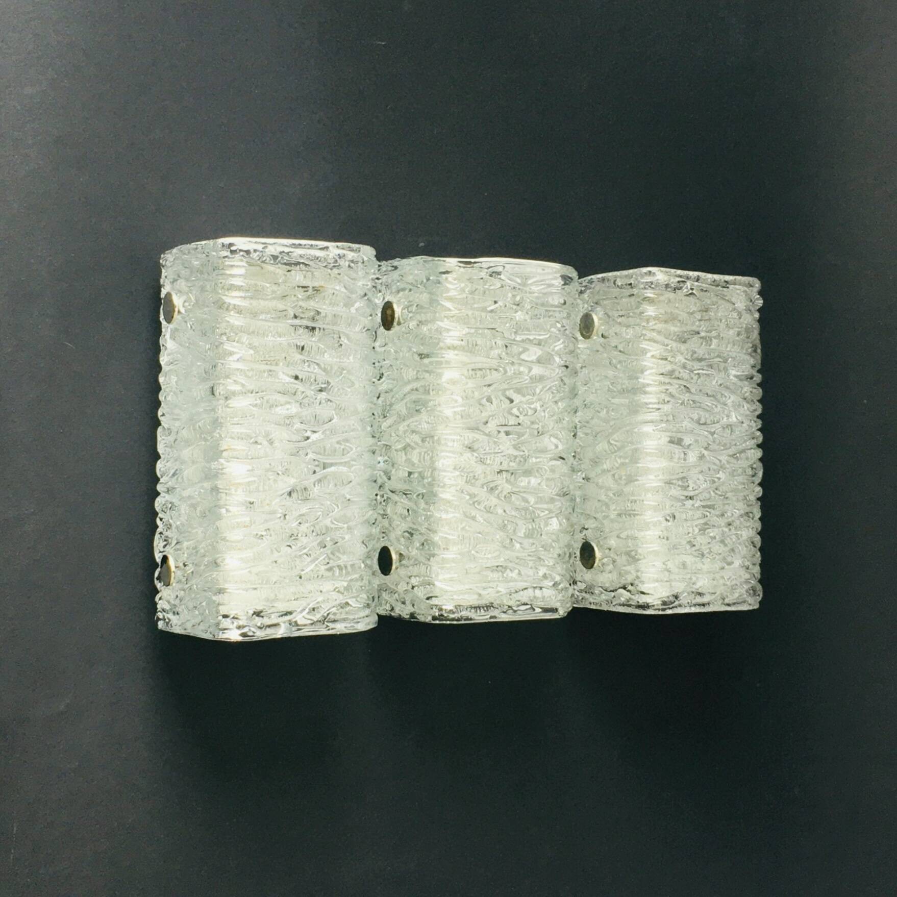 Set of 3 Mid-Century Modern Murano Ice Glass Wall Lights from Kaiser, 1960s