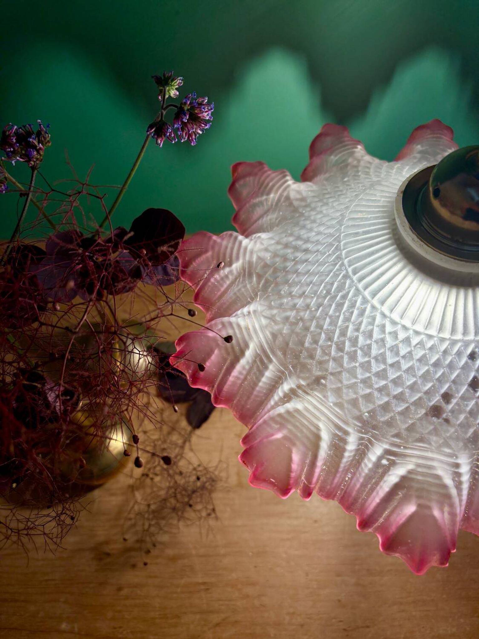 Vintage frosted glass pendant lampshade, half pink, half transparent