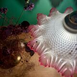 Vintage frosted glass pendant lampshade, half pink, half transparent