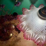 Vintage frosted glass pendant lampshade, half pink, half transparent