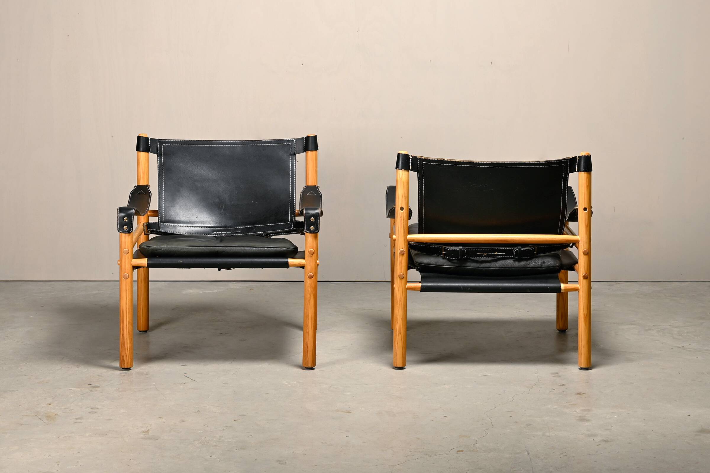 Arne Norell Sirocco Safari Lounge Chairs in Black Leather and Ash, Sweden
