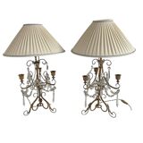 Pair of lamps, 3-light candlesticks, shabby chic, glass tassels, pendants, pleated fabric lampshade