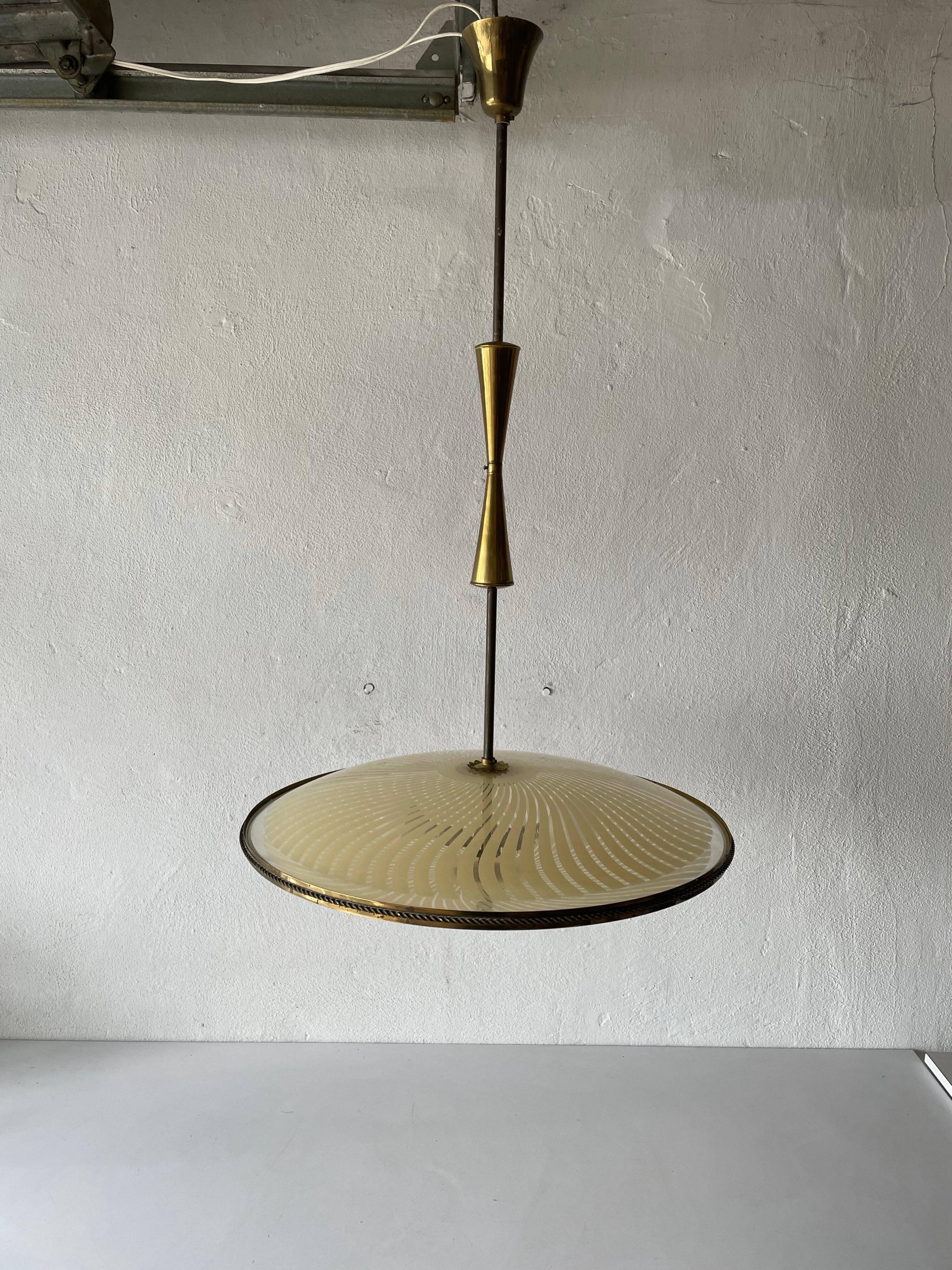 Large UFO design ceiling light in brass and printed glass, 1950s, Italy.