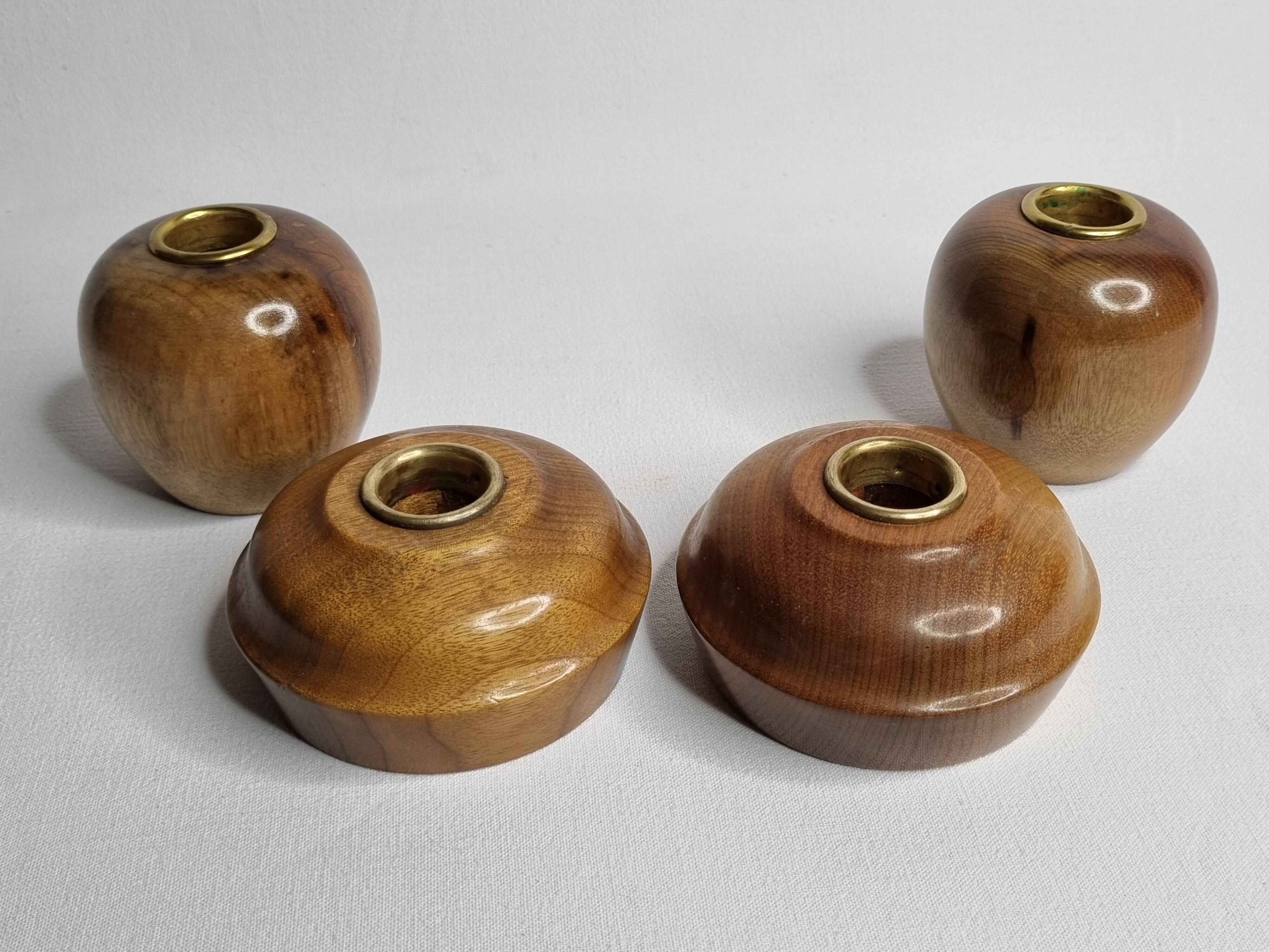 Set of 4 Myrtle Wood Candle Holders with Brass Inserts, Made in Port Orford, Oregon