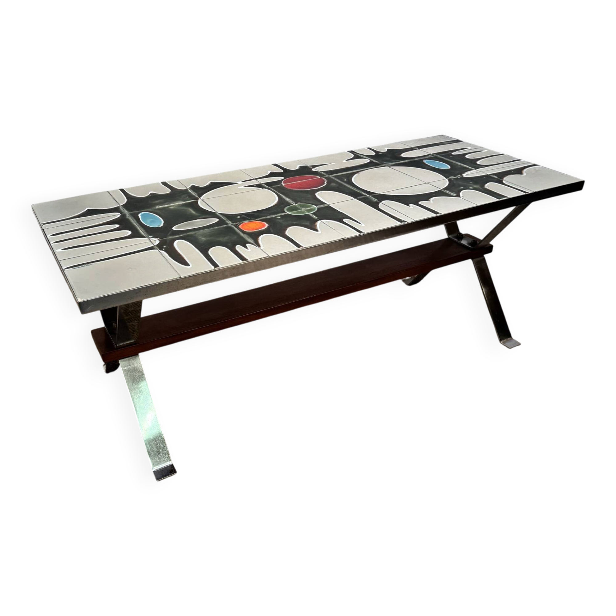 Vintage coffee table from the 60s and 70s in ceramic, chrome metal, and wood.