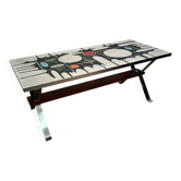 Vintage coffee table from the 60s and 70s in ceramic, chrome metal, and wood.