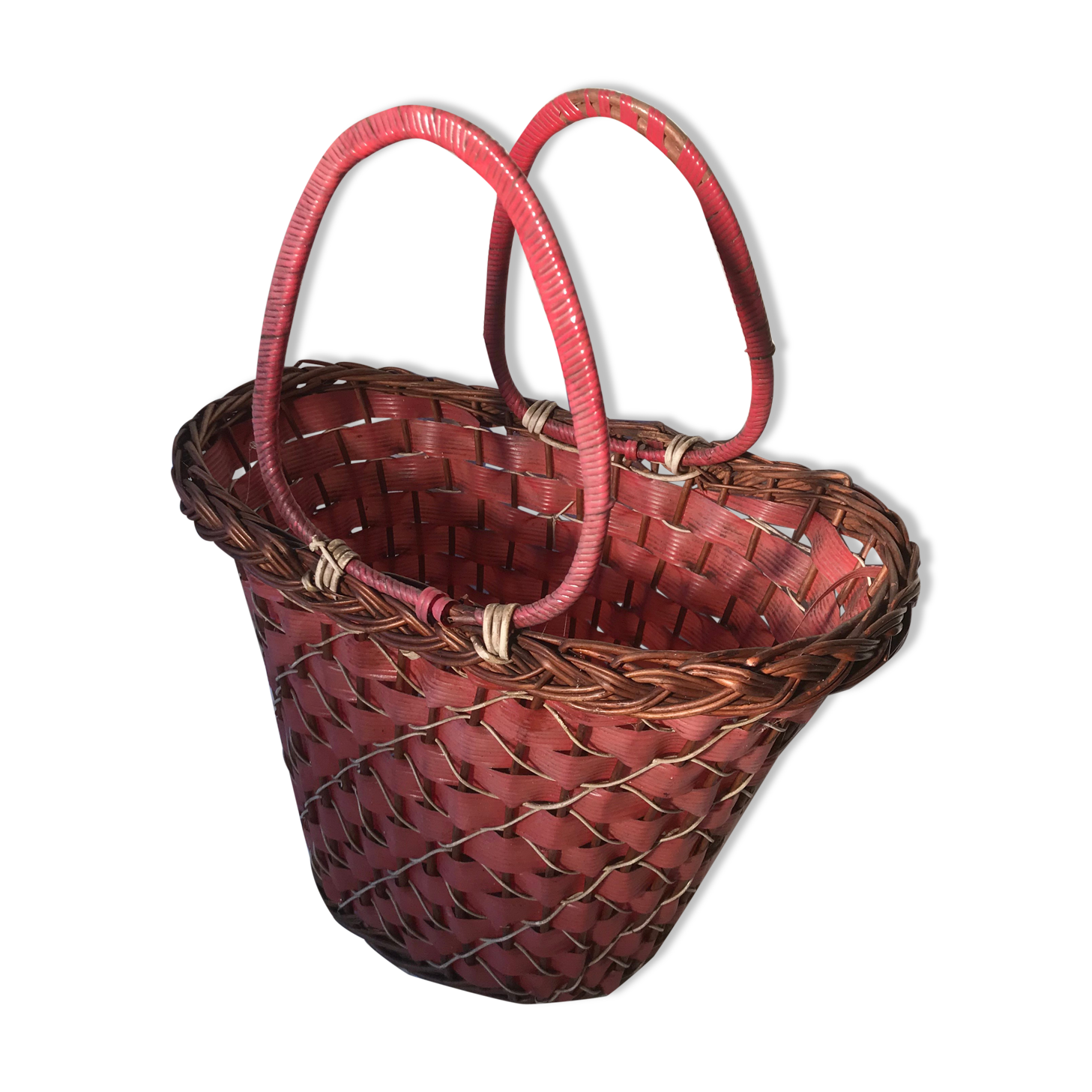 Old Deco Basket in Braided Wicker - Red Scoubidou - Anse Vintage