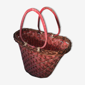 Panier ancien deco en osier tressé & scoubidou rouge + anse vintage