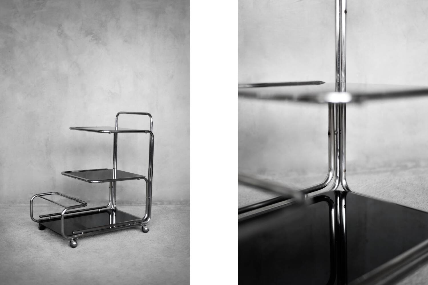 Vintage Mid-Century German Modern Bauhaus Chrome & Glass Serving Trolley