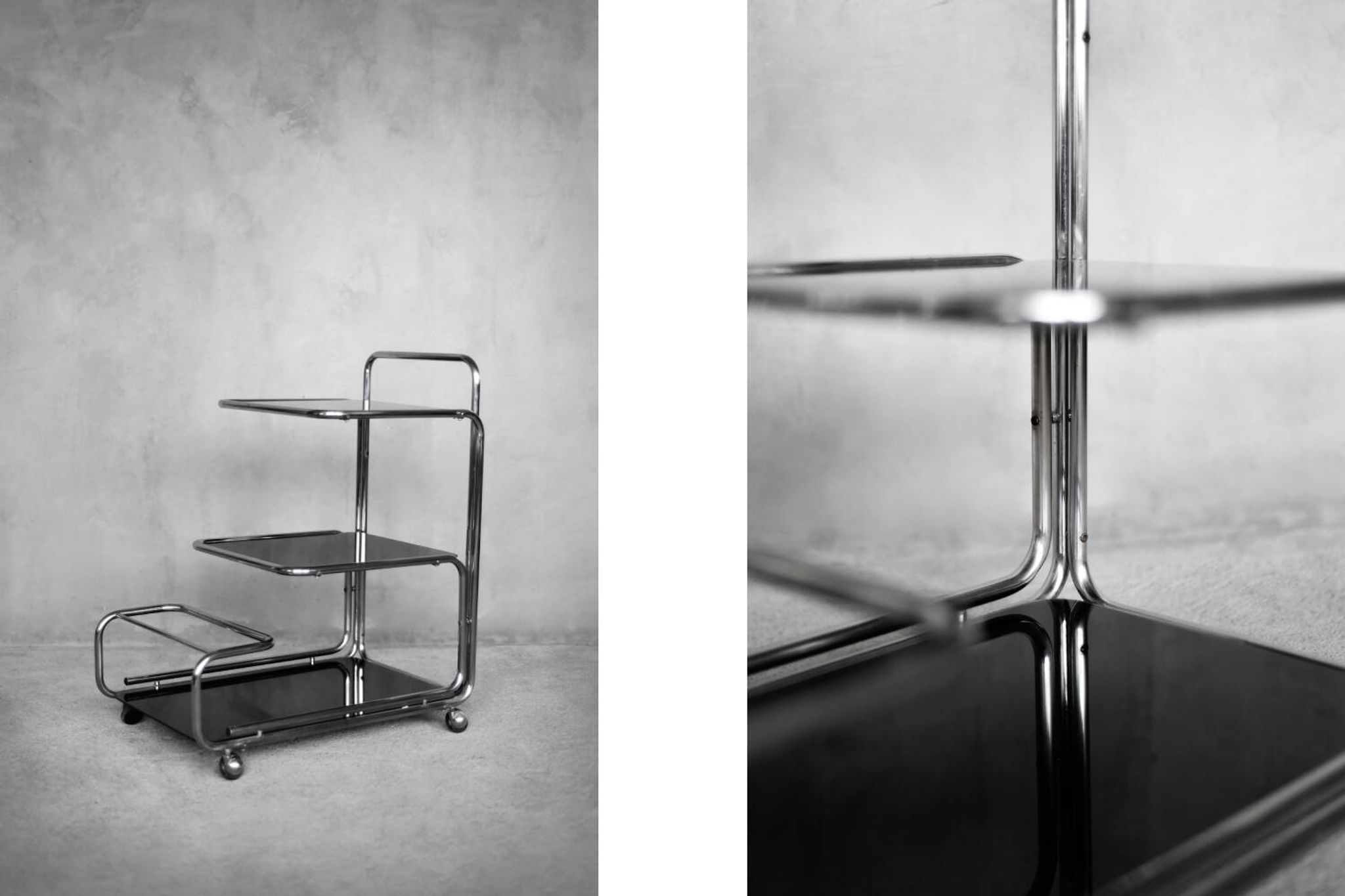 Vintage Mid-Century German Modern Bauhaus Chrome & Glass Serving Trolley