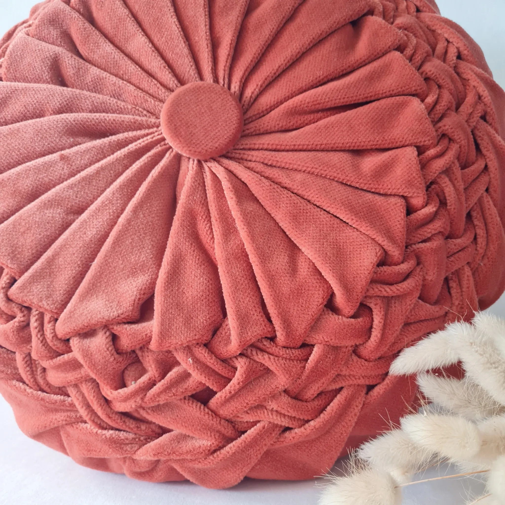 Pleated terracotta red velvet cushion