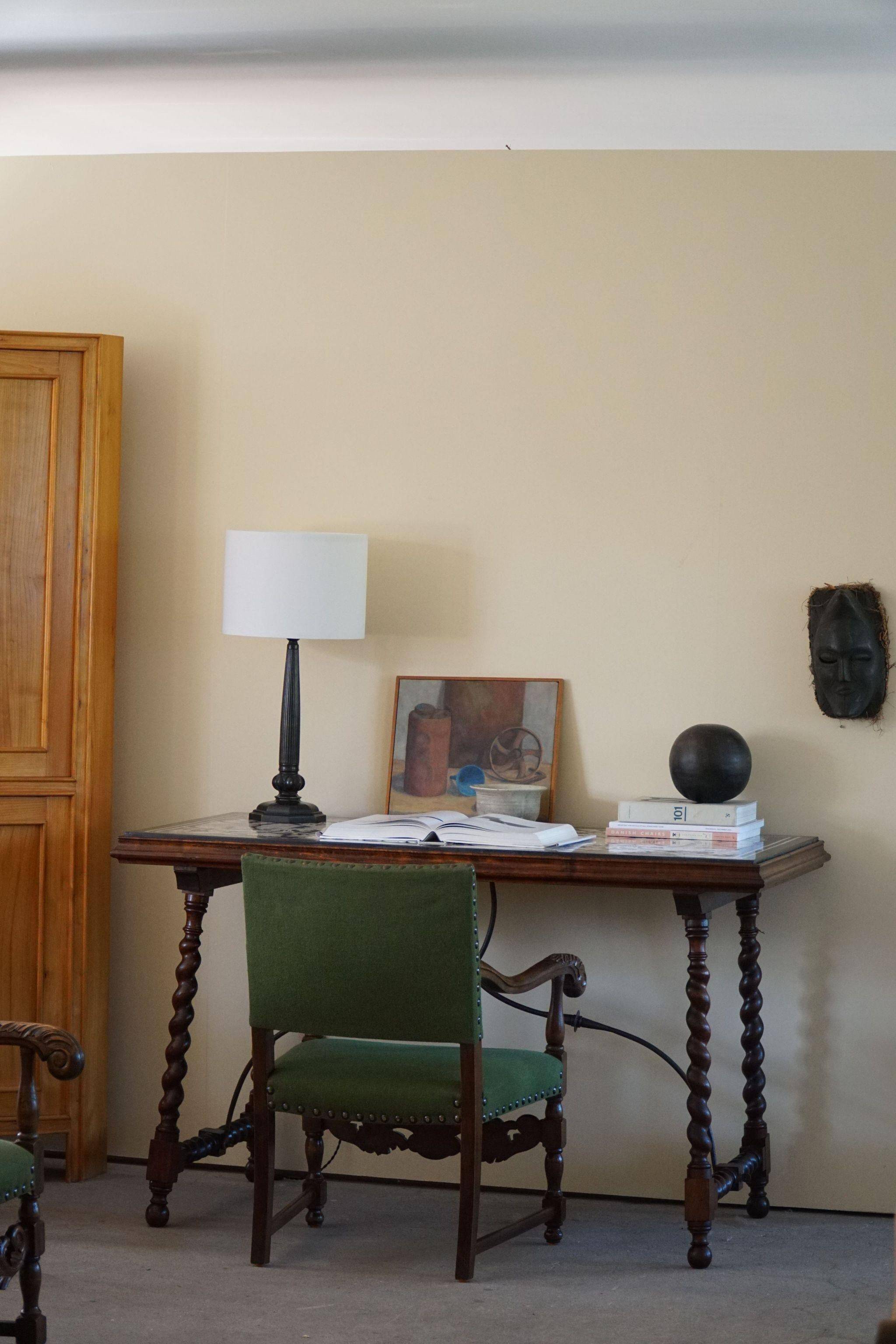 Oak and wool armchairs, Louis XIII style, by a French cabinetmaker from the 1930s.