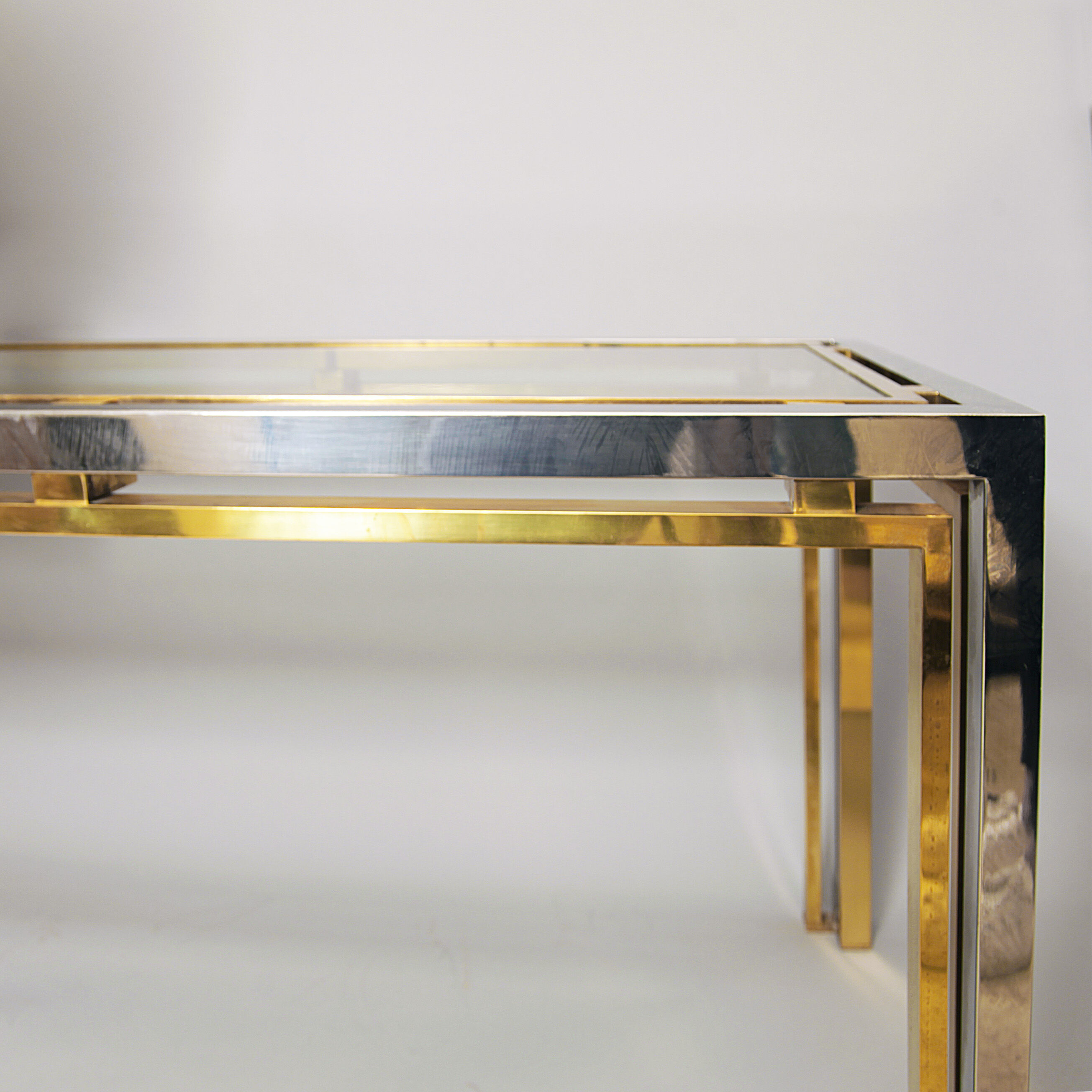 Chrome & brass glass table hollywood regency