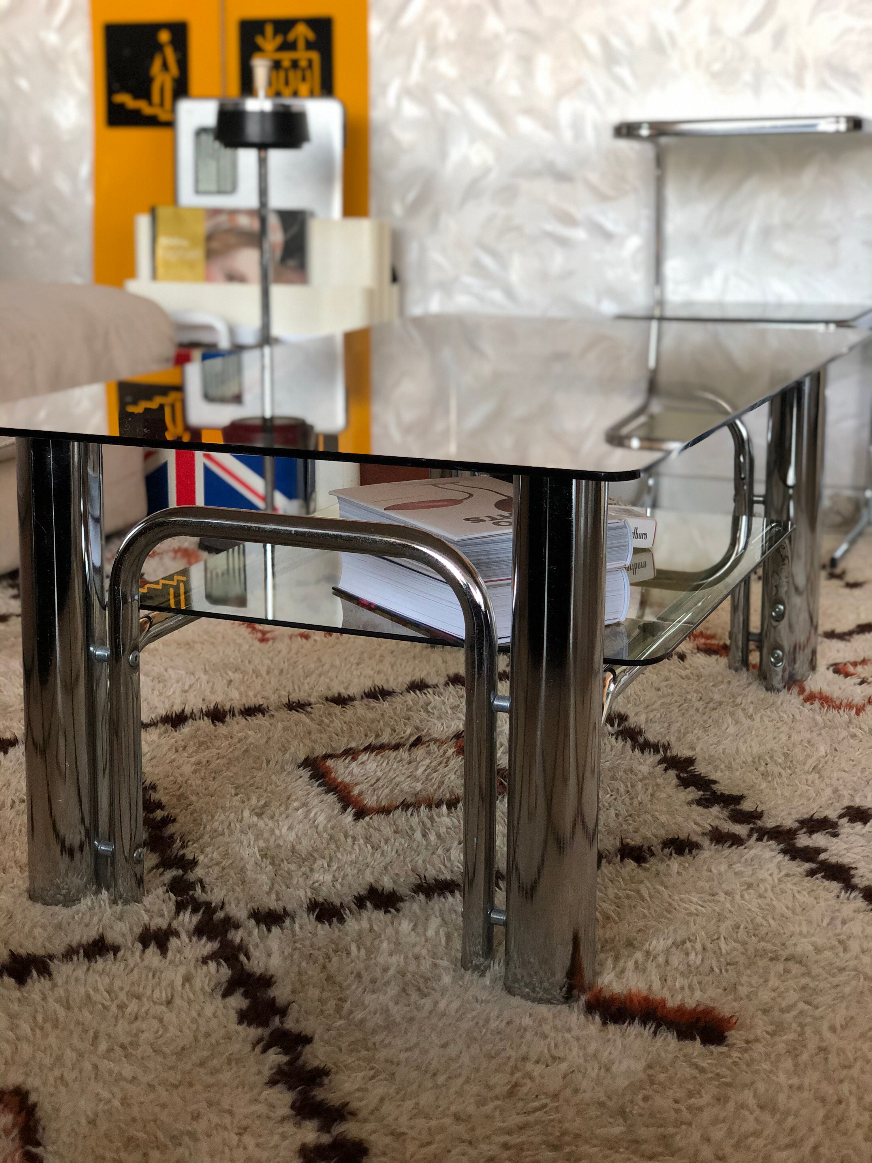 Chromium coffee table and 1970s smoked glass