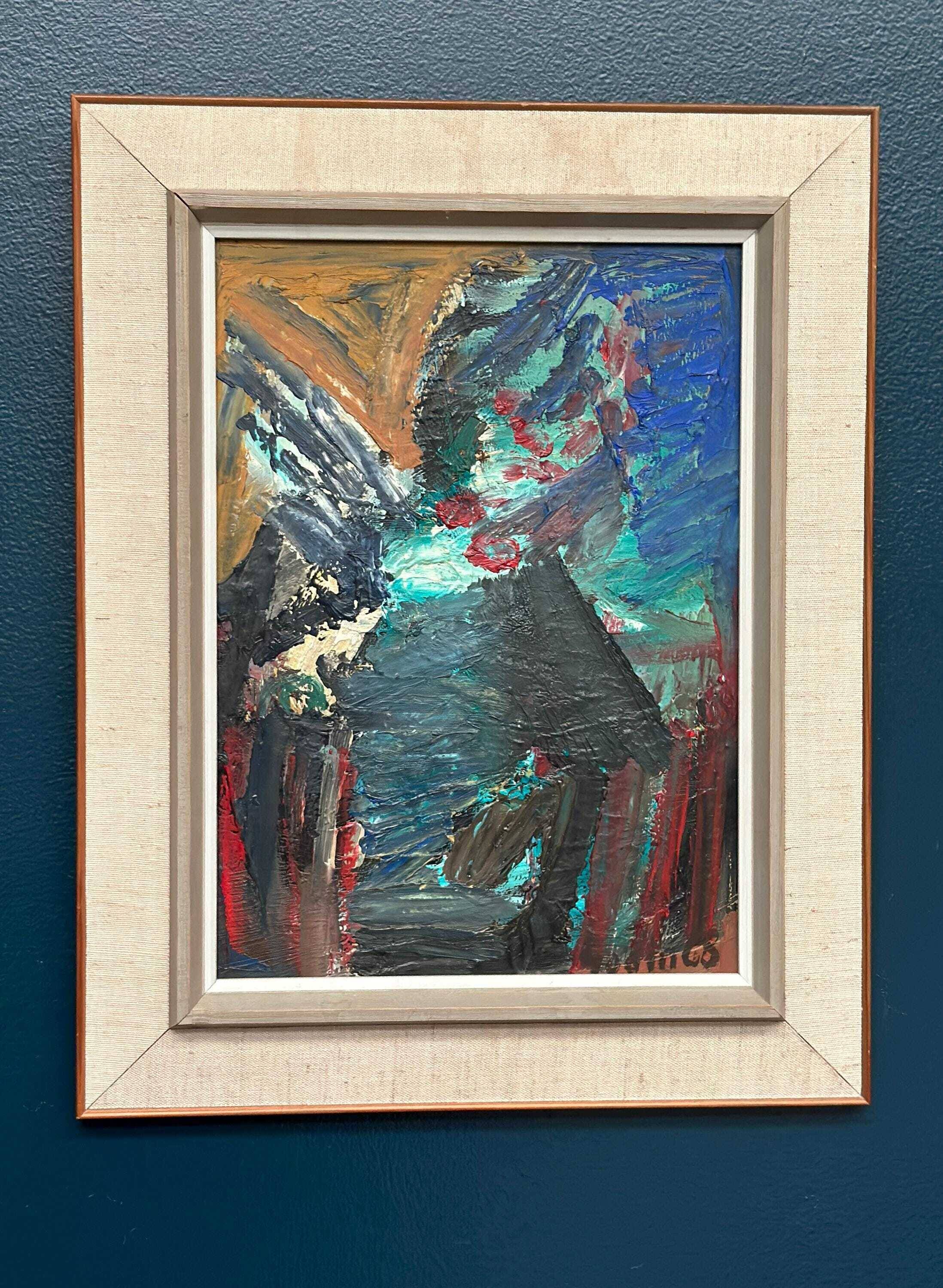 Huile sur panneau suédoise d'époque mi-siècle – « Motif abstrait » par Ragnar Godin – 68 vintage et encadrée