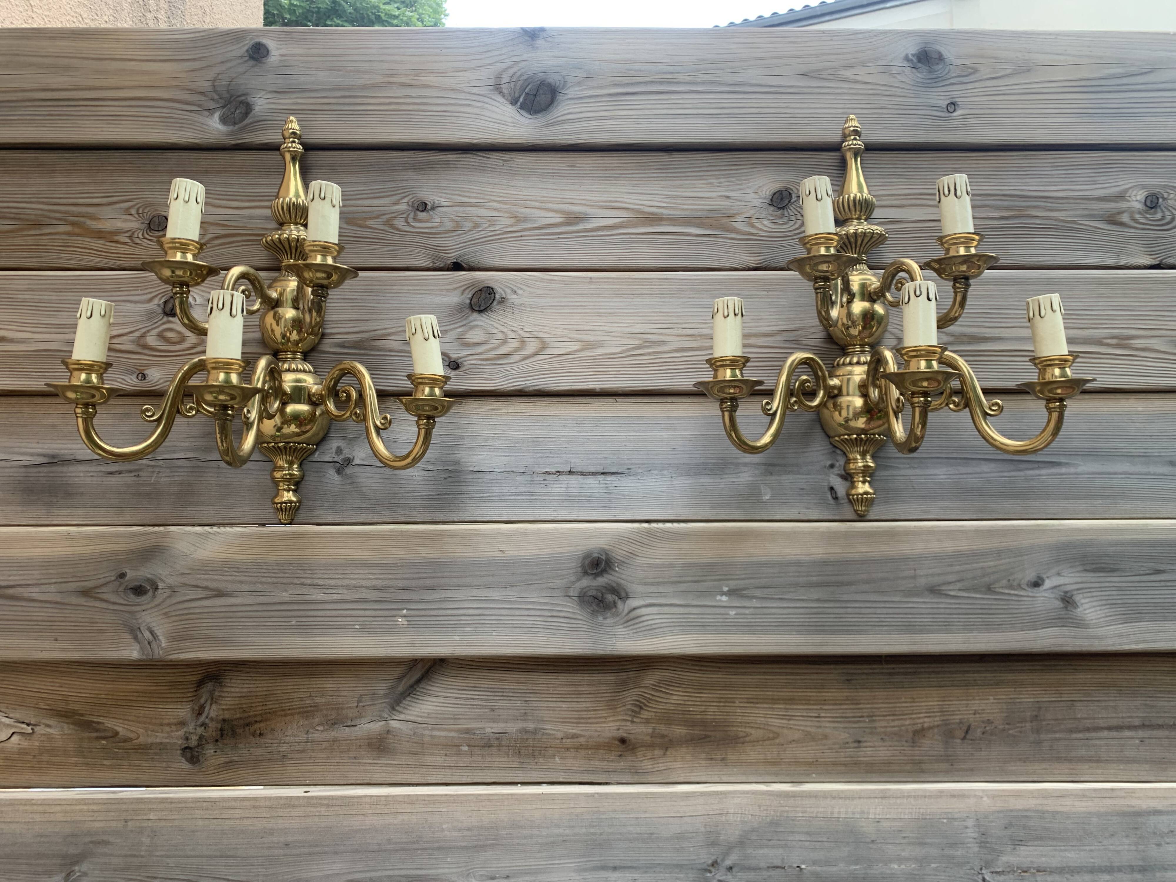 Large Pair of Dutch Style 5-Branch Wall Lights in Brass, Gilded Bronze, 19th Century