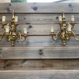 Large Pair of Dutch Style 5-Branch Wall Lights in Brass, Gilded Bronze, 19th Century
