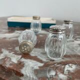 Set of 4 salerons, Christofle goldsmithery, solid silver, pressed molded glass