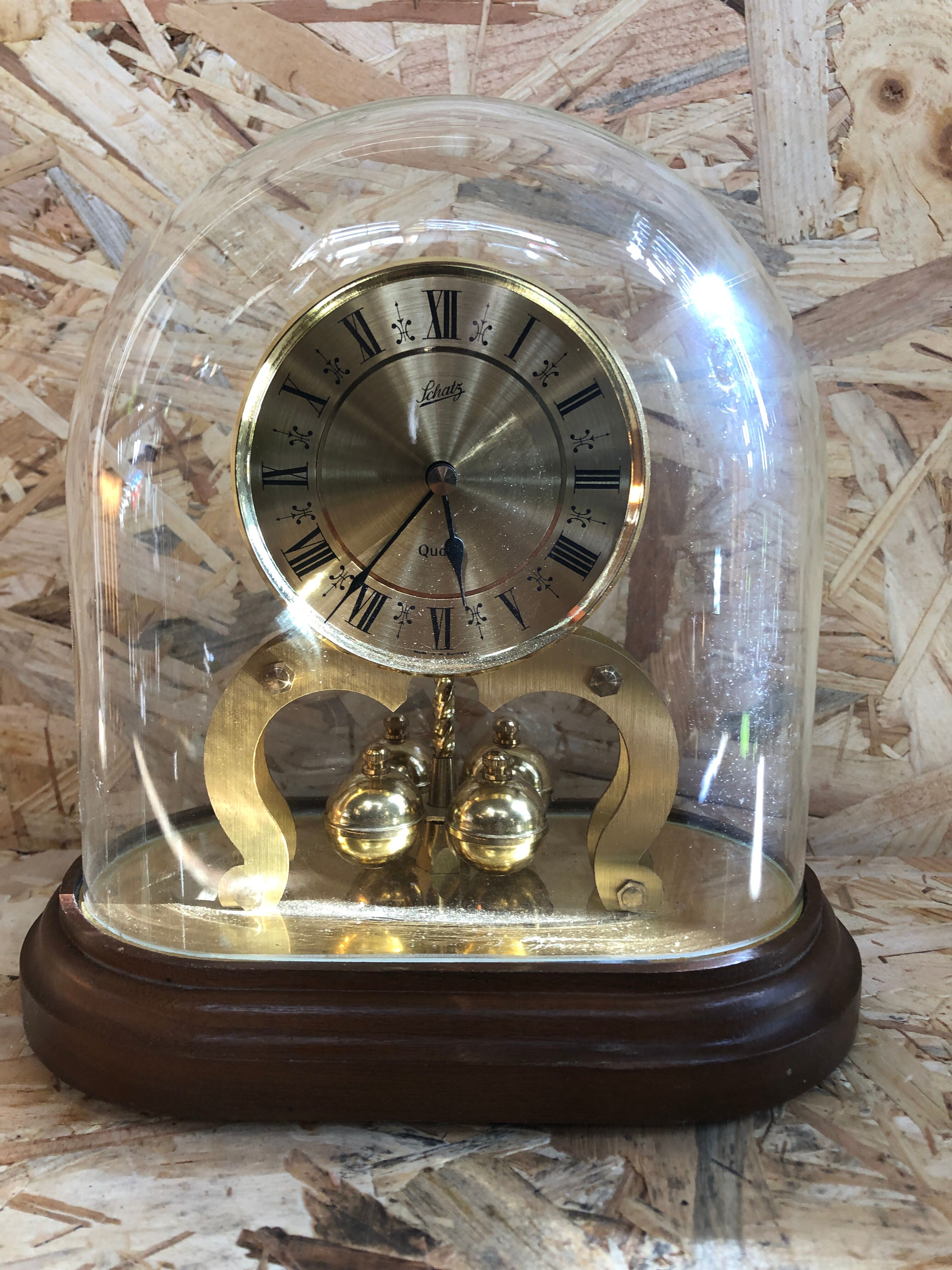 Old clock pendulum 400 days schatz gold metal + bell vintage glass
