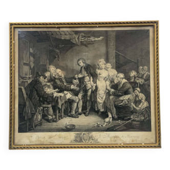 18th-century engraving: THE VILLAGE BRIDAL WOMAN by Greuze and Flippart