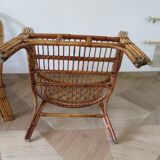 Vintage - lot de 2 fauteuils en bambou et rotin tressé avec coussins- couleur naturel - Années 80
