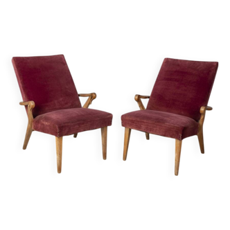 Paire de fauteuils vintage en velours bordeaux des années 1950 au design italien