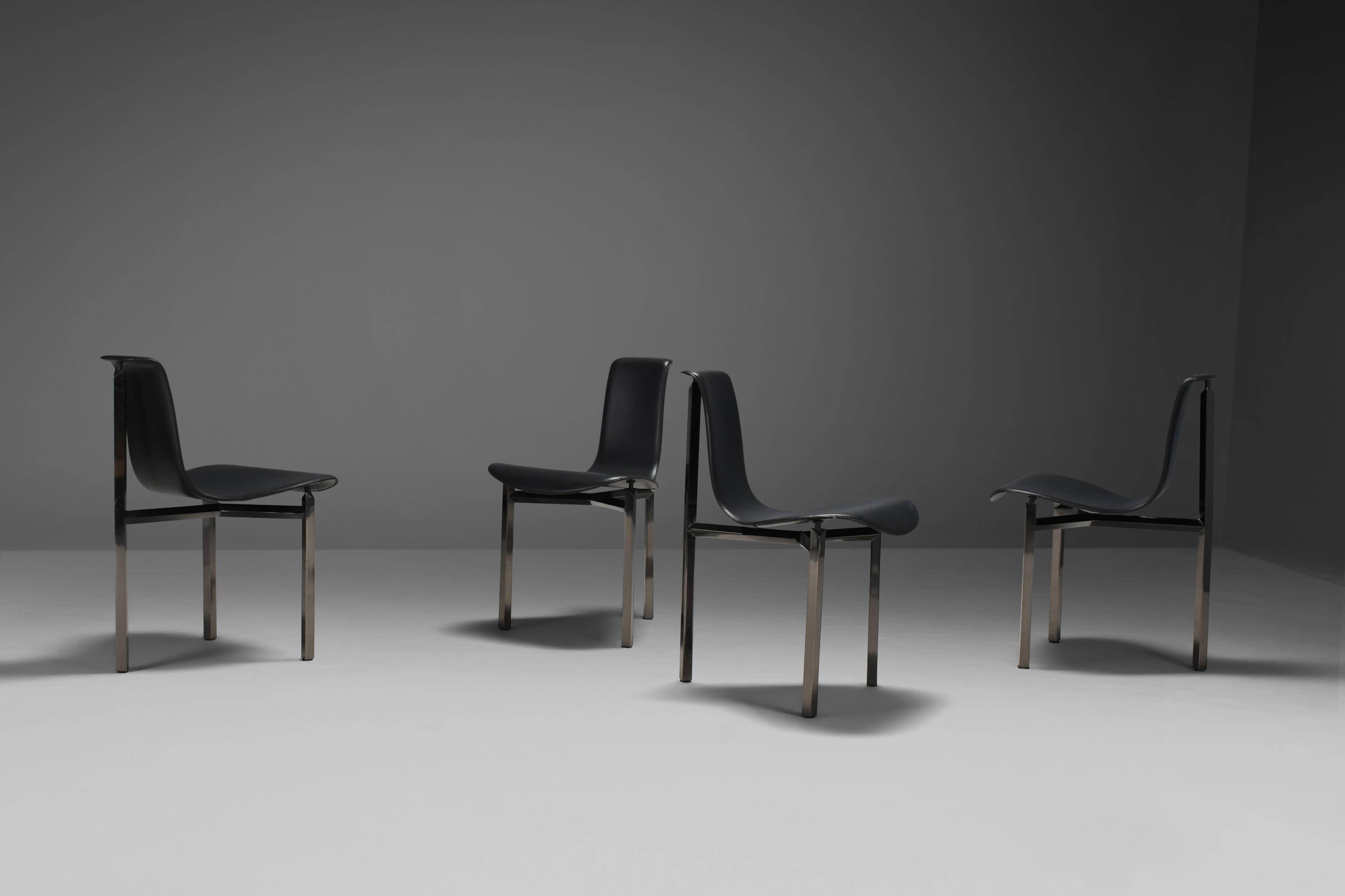 Leather Three-Legged Chairs with Chrome Finishes, Italy, 1970s