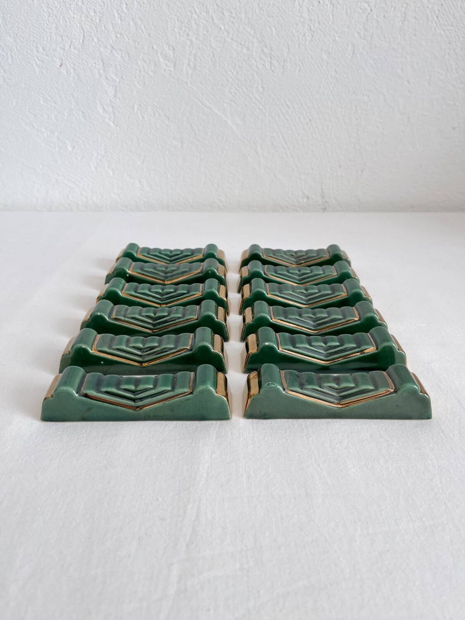 12 vintage green and gold ceramic knife holders from the 50s