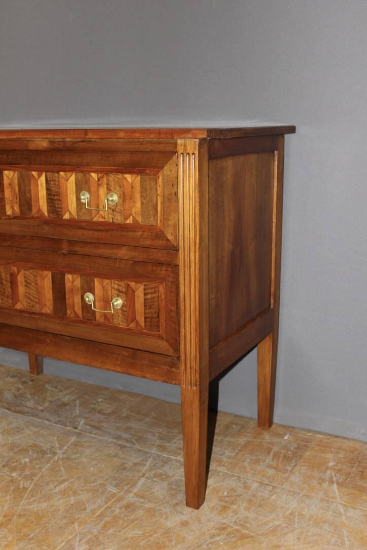Louis XVI style chest of drawers in walnut and 19th century marquetry