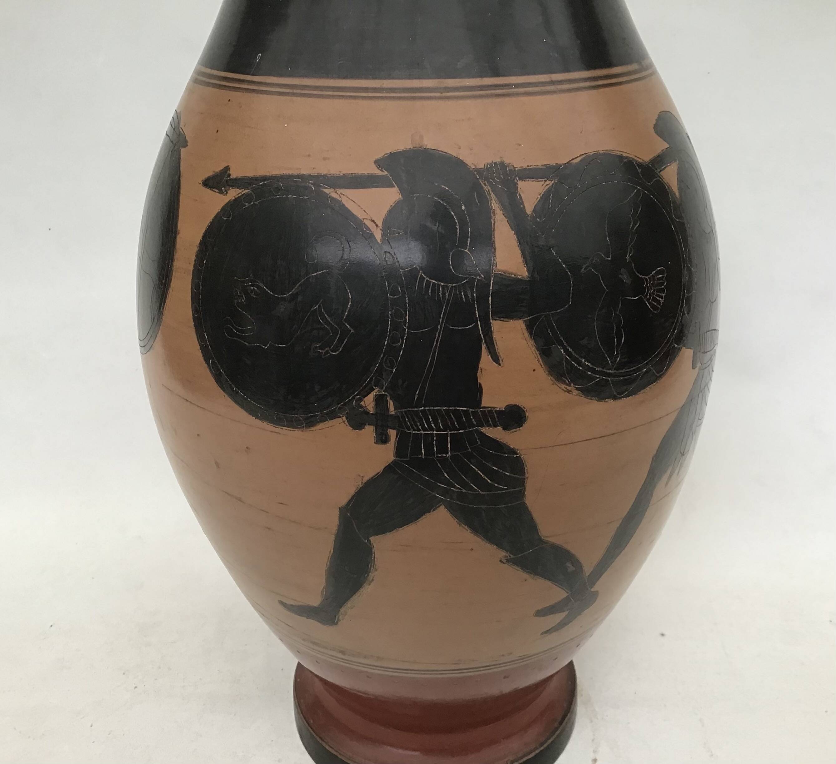 Reproduction of a Greek Attic-style black-figure vase depicting warriors