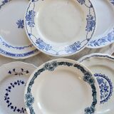 6 assiettes plates vintage dépareillées en terre de fer bleue et blanche