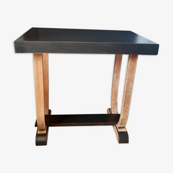 table, coffee, vintage, wood, two-tone, black, light wood, rectangular, curved studs