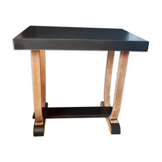 table, coffee, vintage, wood, two-tone, black, light wood, rectangular, curved studs