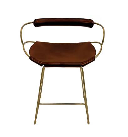 Contemporary sculptural bar stool with a metal back in aged brass and cognac leather.