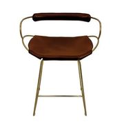 Contemporary sculptural bar stool with a metal back in aged brass and cognac leather.