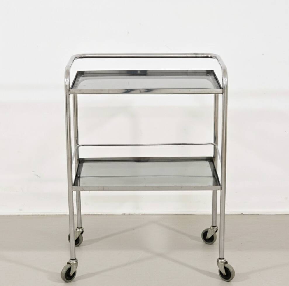 1970s chrome metal and smoked glass wheeled dessert trolley