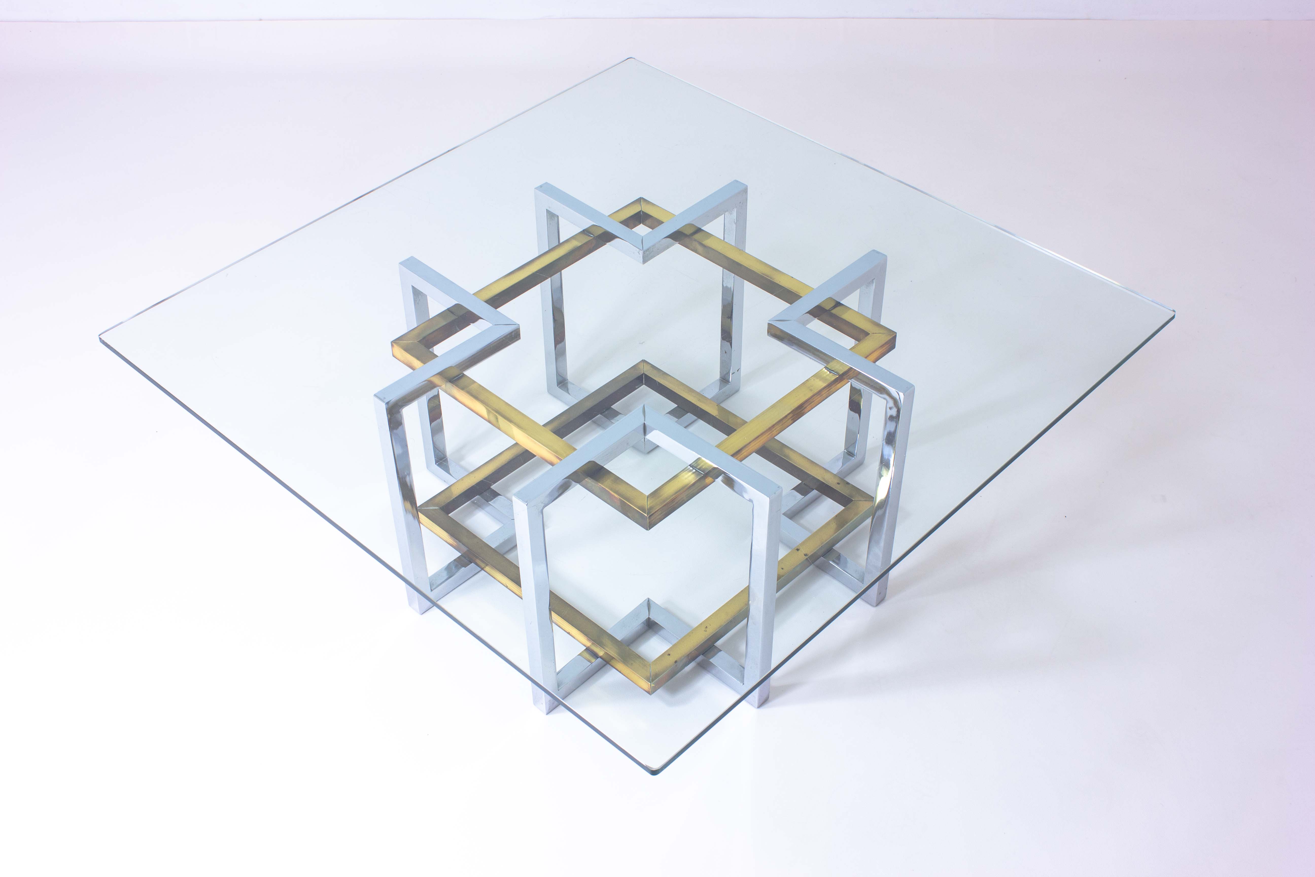 Geometrical brass & chrome coffee table, Belgium 1970s