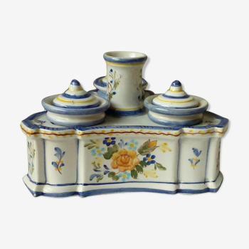 INKWELL IN FAIENCE WITH FEATHER HOLDER DECOR FLORAL PORTUGAL**