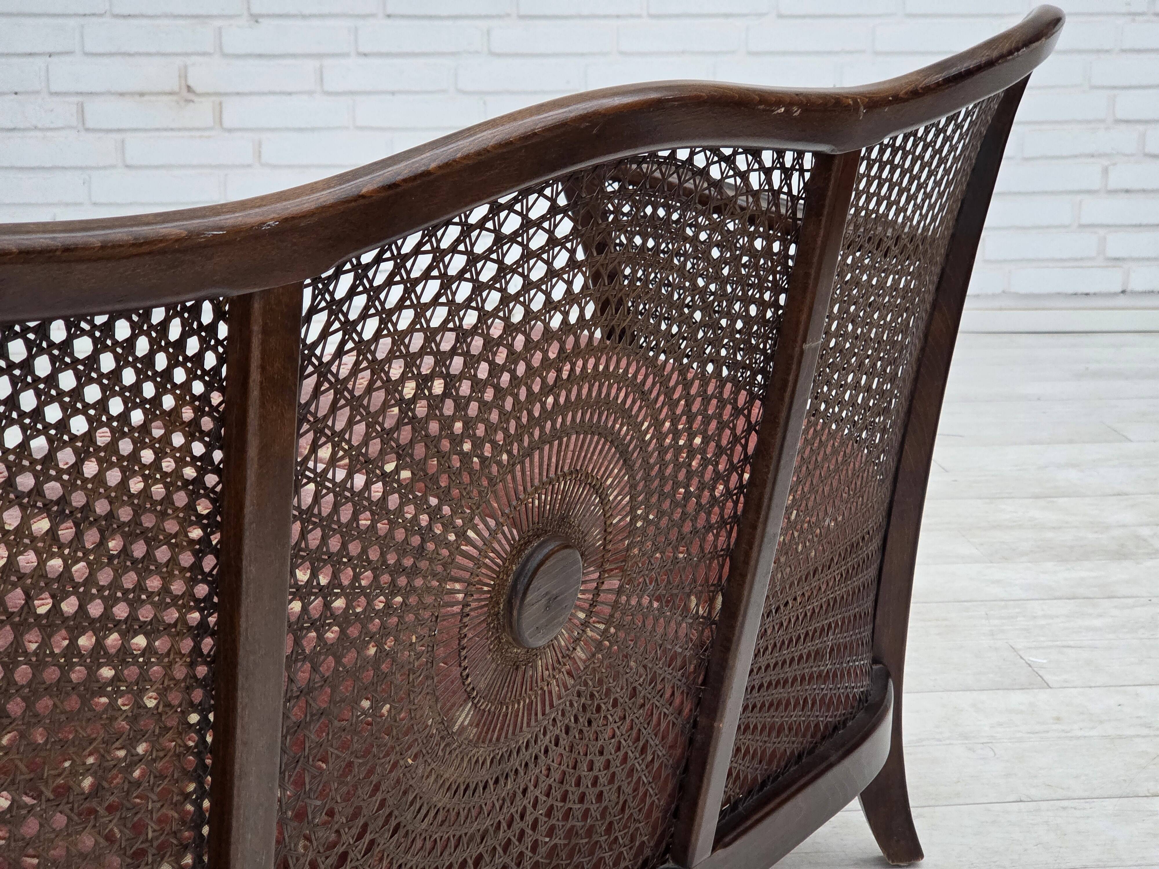 1950s, Danish 3-seater sofa, salmon/pink velour, furniture mesh.