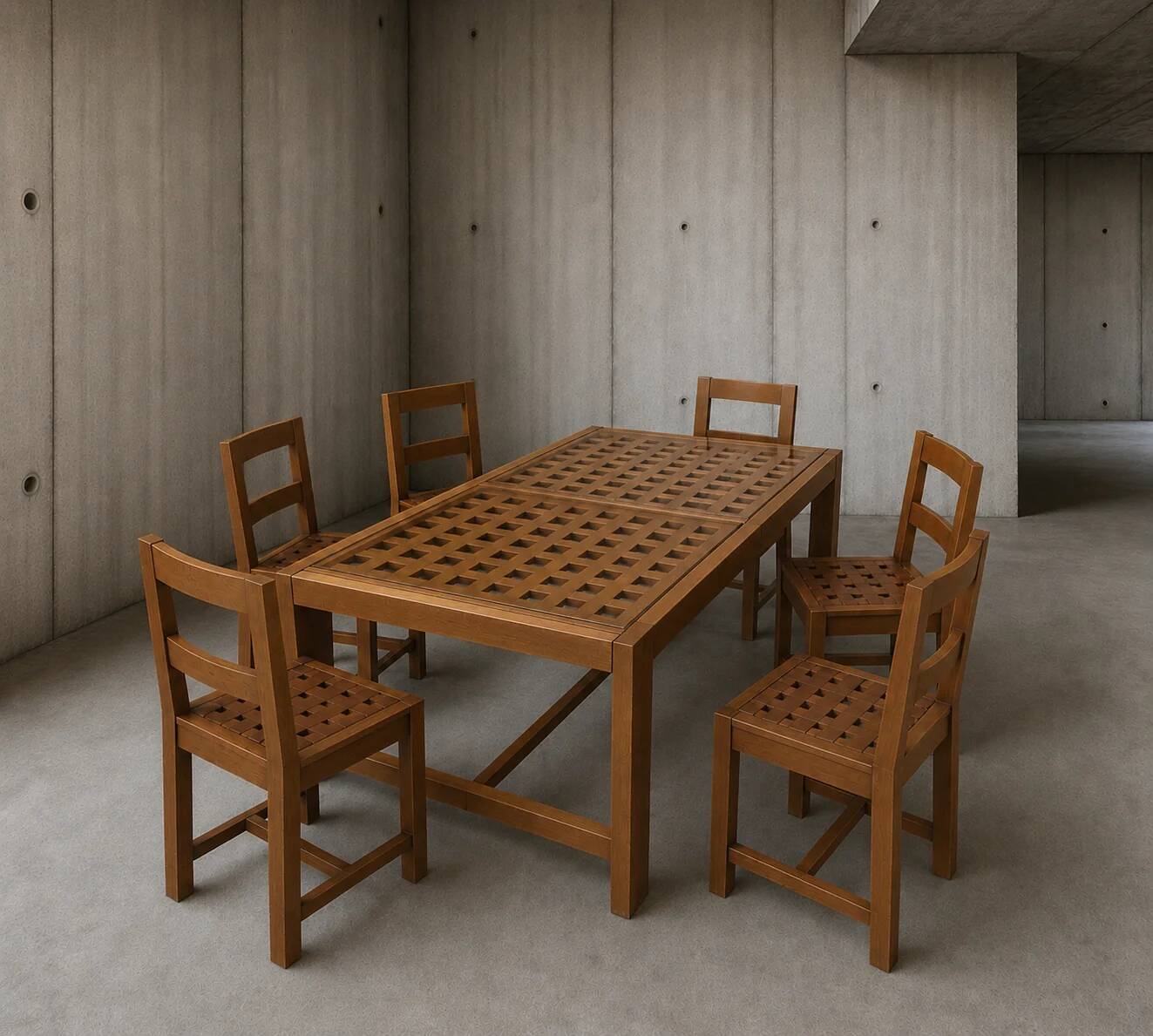 6 × chairs / dining table in oak / table openwork top / 2 inlaid glass panels / open woven leather seats / original set in very good condition / France 1950s