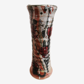 Vase en céramique motifs fleurs vintage signé