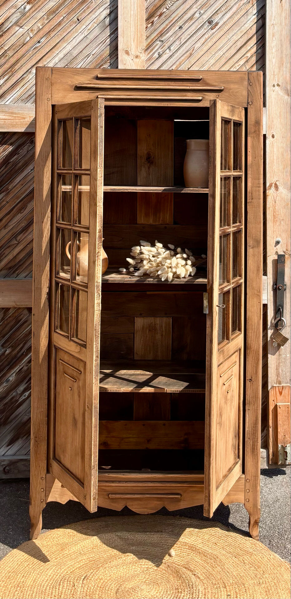 Antique glass-fronted cabinet in raw solid oak: display cabinet bookshelf.
