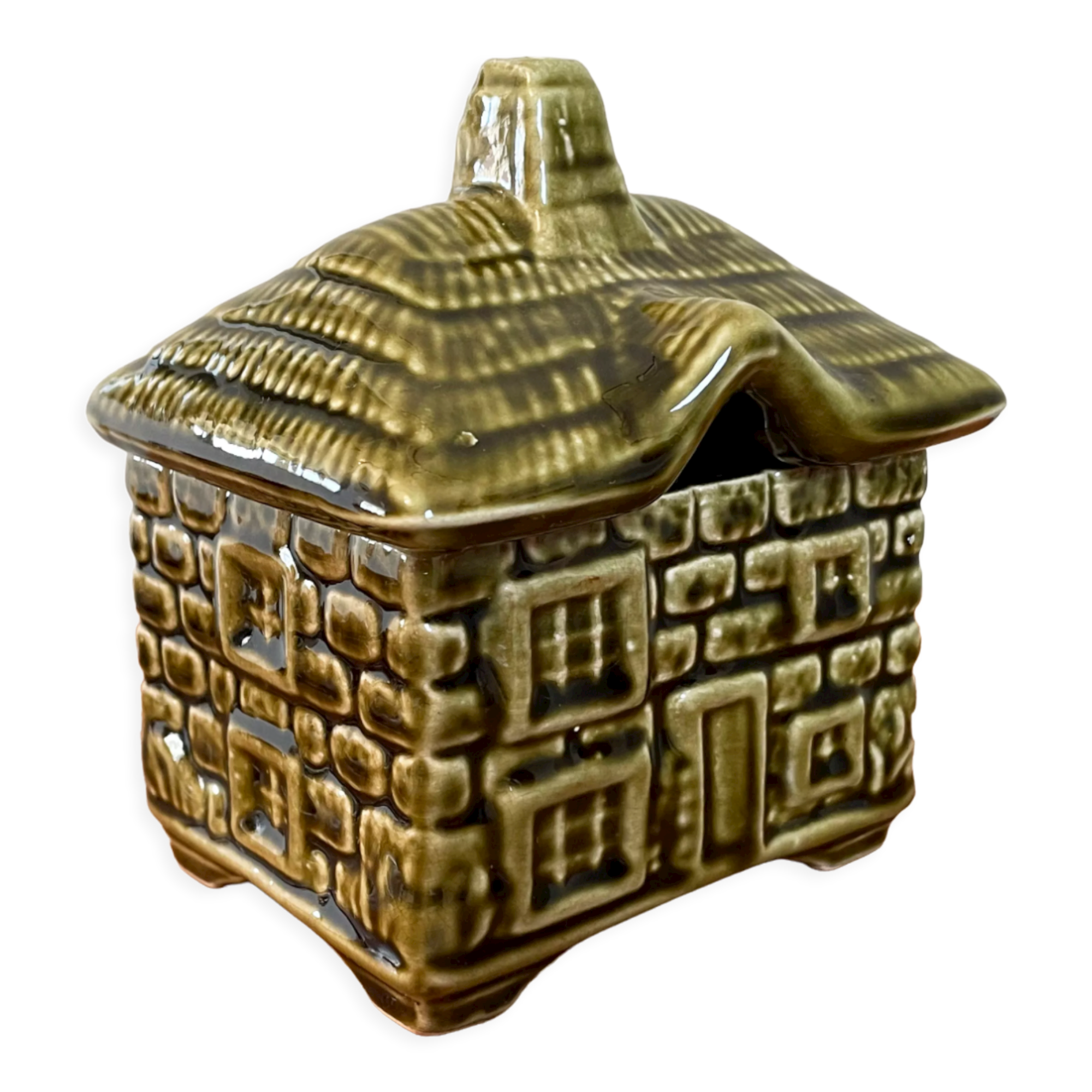 Pot Devonway en forme de maison de cottage pot de miel / sucre Majolica, vaisselle britannique fabriquée en Angleterre