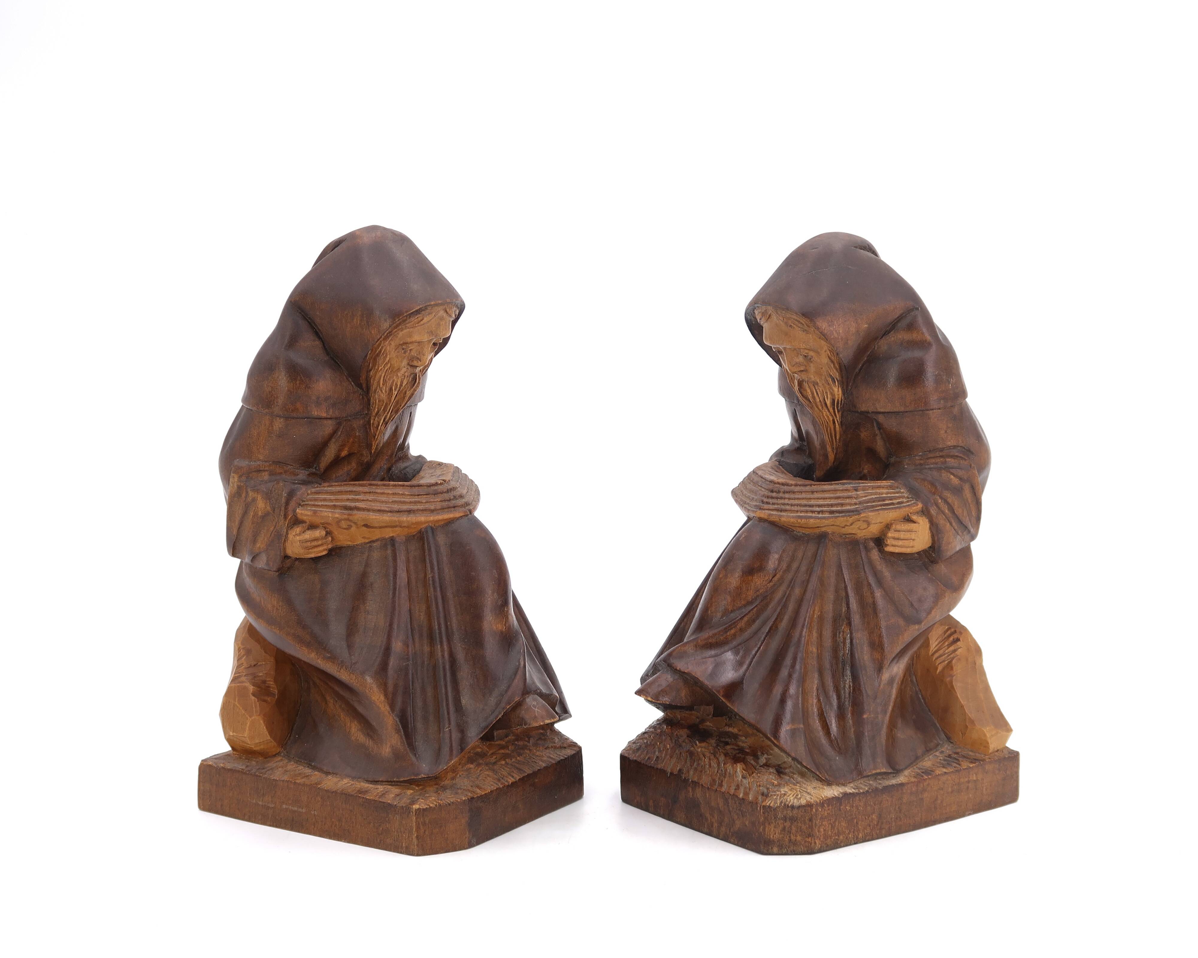 Wooden bookends monks reading, 80s